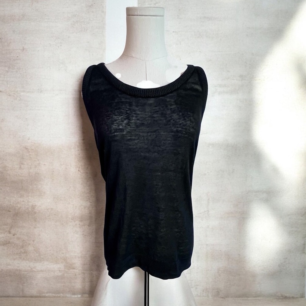 Theory Black Knit‎ Linen Scoop Neck Tank Top Sleeveless Ribbed Trim Size Medium
